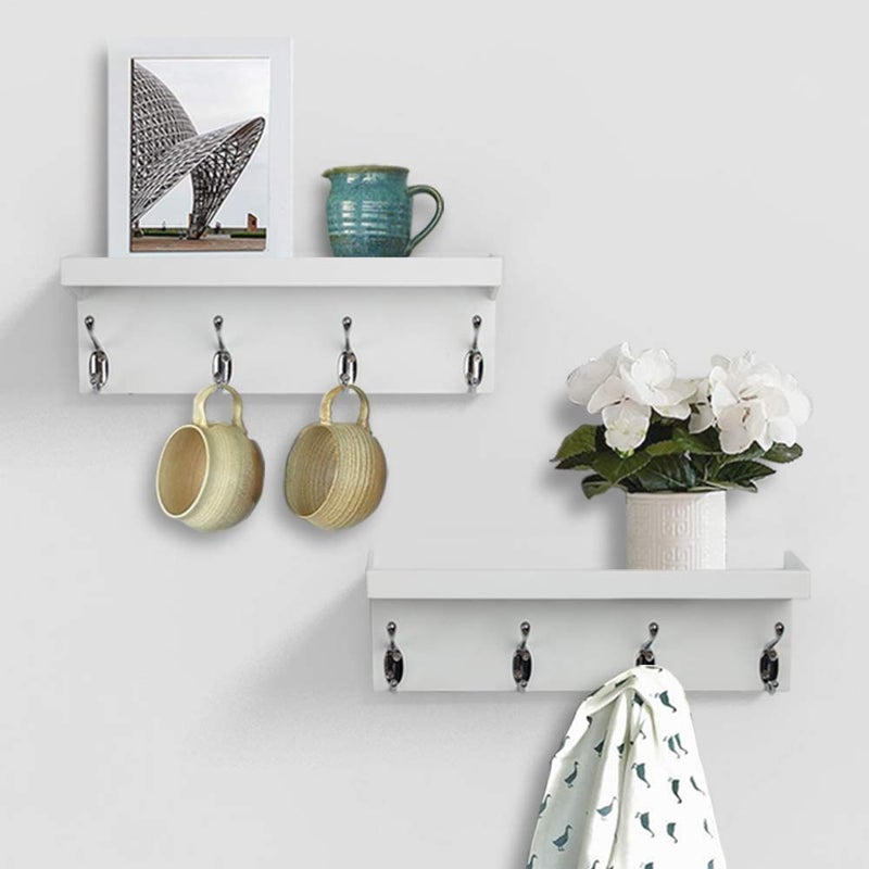 ZGZD White Wall Mounted Coat Rack with Shelf Entryway Hanging Shelves with 4 Double Hooks, Set of 2 - Image 1